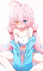 1girl ahoge baram bare_legs bare_shoulders bikini blue_archive blue_eyes blue_jacket breasts commentary_request crossed_bangs feet_out_of_frame frilled_bikini frills furrowed_brow hair_between_eyes hair_bobbles hair_ornament halo heterochromia highres hoshino_(blue_archive) hoshino_(swimsuit)_(blue_archive) hot huge_ahoge jacket loli long_hair long_sleeves looking_at_viewer low_twintails navel off_shoulder official_alternate_costume open_clothes open_jacket open_mouth simple_background small_breasts solo spread_legs strap_slip sweat swimsuit thighs twintails very_long_hair white_background white_bikini white_halo yellow_eyes