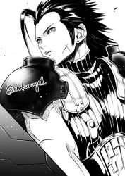  1boy absurdres armor black_hair closed_mouth crisis_core_final_fantasy_vii cross_scar earrings facial_scar final_fantasy final_fantasy_vii hair_slicked_back highres jewelry looking_to_the_side male_focus ribbed_sweater scar scar_on_cheek scar_on_face shakunage1 shoulder_armor sleeveless sleeveless_turtleneck solo spiked_hair stud_earrings suspenders sweater turtleneck turtleneck_sweater twitter_username upper_body zack_fair 