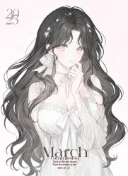  1girl 2025 artist_name black_hair breasts cleavage collarbone commission dress finger_to_mouth flower frilled_dress frills hair_flower hair_ornament hand_up highres long_hair long_sleeves looking_at_viewer march medium_breasts neck_ribbon original parted_hair parted_lips pink_eyes ribbon simple_background single_bare_shoulder solo spe_(speport) upper_body very_long_hair wavy_hair white_background white_dress white_flower white_ribbon wide_sleeves 