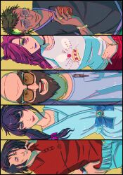  2025 2girls 3boys :d alternate_costume alternate_hairstyle aqua_dress bald beard bespectacled black-framed_eyewear black_choker black_hair black_jacket black_shirt bleach bleach:_sennen_kessen-hen blue_bow blue_pants bow bracelet breasts bright_pupils casual choker closed_mouth collarbone collared_shirt commentary_request contemporary cowboy_shot cup curly_hair dark-skinned_male dark_skin dated_commentary dress dress_bow ear_piercing earrings eyelashes facial_hair film_grain glasses grey_shirt hair_bow hair_over_one_eye hand_on_own_hip hand_up highres hikifune_kirio holding holding_cup hyousube_ichibei jacket jewelry kirinji_tenjirou large_breasts looking_at_viewer lower_teeth_only mature_female mature_male midriff multiple_boys multiple_girls multiple_rings necklace nimaiya_ouetsu old old_man one_eye_covered open_clothes open_jacket open_mouth orange-tinted_eyewear pants piercing pink_eyes pink_hair purple_bow purple_eyes purple_lips red_eyes red_lips red_shirt ring round_eyewear shirt short_eyebrows short_hair short_sleeves shutara_senjumaru side_ponytail simple_background smile spiked_hair strikek-lvvjm27 sunglasses teeth thick_eyebrows tinted_eyewear tongue tsurime watch white-framed_eyewear white_pupils white_shirt wristwatch yellow_background 