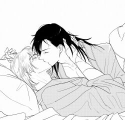  2boys adam&#039;s_apple arm_up bare_pectorals bed_sheet closed_eyes collarbone commentary couple dimitri_alexandre_blaiddyd dimitri_alexandre_blaiddyd_(timeskip) felix_hugo_fraldarius felix_hugo_fraldarius_(timeskip) fire_emblem fire_emblem:_three_houses greyscale hair_down hand_on_another&#039;s_neck highres holding holding_hands interlocked_fingers kiss long_hair long_sleeves lying male_focus medium_hair monochrome multiple_boys nintendo on_back on_side open_clothes open_shirt pajamas pectorals pillow scar scar_on_arm sevenney simple_background symbol-only_commentary white_background yaoi 