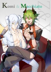  2boys abs absurdres aotu_world artist_name bandaged_arm bandages bare_pectorals bishounen black_boots black_choker black_nails boots bracelet chinese_commentary choker cleavage_cutout clothing_cutout collarbone couch crossed_legs cum cum_on_body cum_on_hands demon_boy demon_horns demon_tail demon_wings fangs fingernails green_eyes green_hair grey_background grey_pants hair_between_eyes highres horns jewelry kasyumi long_hair looking_at_viewer macchiato_bi_guanzhong male_focus multiple_boys nail_polish navel_cutout on_couch open_clothes open_mouth open_shirt orange_shirt pants pectoral_cleavage pectorals pointy_ears pubic_tattoo red_eyes saliva shirt short_hair short_sleeves shoulder_cutout side_cutout sitting sitting_on_lap sitting_on_person smile spiked_bracelet spikes tail tattoo toned toned_male tongue tongue_out torn_clothes torn_pants white_hair white_pants white_shirt wings xander_(aotu_world) yaoi zain_(aotu_world) 