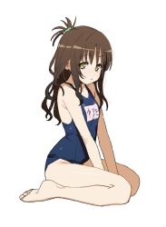  1girl brown_eyes brown_hair feet flat_chest hair_bobbles hair_ornament kan_ppang loli long_hair petite school_swimsuit simple_background solo swimsuit to_love-ru to_love-ru_darkness topknot yellow_eyes yuuki_mikan 