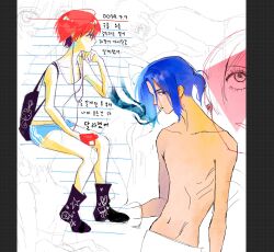  1boy 1girl amate_yuzuriha aqua_eyes blue_hair cigarette earphones ggg_3 gundam gundam_gquuuuuux highres holding holding_phone korean_text looking_at_viewer mouth_hold multicolored_hair multiple_views navel partially_colored phone ponytail purple_hair red_eyes red_hair shoes short_hair shorts shuji_ito sitting sleeveless smoking tank_top topless_male translation_request two-tone_hair 