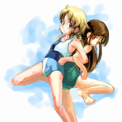  2girls assisted_stretching back-to-back blue_background locked_arms multiple_girls myu one-piece_swimsuit original ponytail simple_background stretching swimsuit white_background  rating:Questionable score:2 user:danbooru