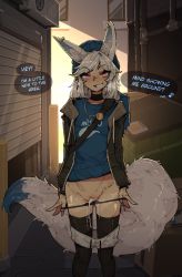  1girl aftersex alley animal_ears black_choker bottomless choker clothes_pull commission cum cum_in_clothes cum_in_mouth cum_in_panties cum_in_pussy cum_on_clothes cumdrip cumdrip_onto_panties ear_piercing english_text female_focus fox_ears fox_tail grin highres long_hair looking_at_viewer original outdoors panties panty_pull piercing public_indecency pussy red_eyes shorts shorts_pull shuuko_(s_h_uuko) smile solo speech_bubble standing tail thighhighs underwear white_hair  rating:Explicit score:726 user:danbooru