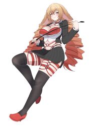  1girl animal_ears ball_gag black_skirt black_suit black_thighhighs blonde_hair bra breasts buttons cleavage closed_mouth drill_hair formal_clothes gag gradient_hair high_heels highres holding holding_riding_crop large_breasts long_hair lop_rabbit_ears midriff multicolored_hair navel o-ring official_alternate_costume official_art orange_hair panty_straps pinstripe_pattern pinstripe_suit rabbit_ears rabbit_girl red_bra red_eyes red_shoes riding_crop shibari shibi_cottonbum shirt shoes skirt smile solo suit thighhighs transparent_background underwear valefal_coneri vallure virtual_youtuber white_shirt 
