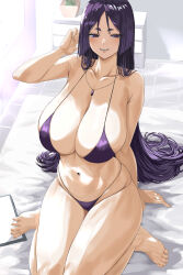  1girl bare_shoulders barefoot bikini breasts collarbone fate/grand_order fate_(series) female_focus indoors jewelry large_breasts light_blush long_hair minamoto_no_raikou_(fate) necklace nuo_(fttv3255) purple_eyes purple_hair sitting swimsuit window 