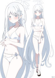  1girl bare_arms bare_shoulders bikini blue_archive blush braid breasts closed_eyes hair_ornament highres holding_own_arm jewelry looking_at_viewer nagusa_(blue_archive) nagusa_(swimsuit)_(blue_archive) navel necklace neko_huan official_alternate_costume official_alternate_hairstyle own_hands_together pale_skin sandals single_braid small_breasts smile snowflake_hair_ornament solo stomach swimsuit white_bikini white_eyes white_hair white_sandals 