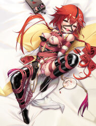  1girl absurdres alternate_costume ball_gag bdsm black_thighhighs blush bondage bound breasts commission dress elbow_gloves flan_ling gag gag_harness gagged gloves hair_between_eyes hair_ornament hairclip highres lactation latex latex_thighhighs long_hair looking_at_viewer medium_breasts neptune_(series) nipple_clamps red_hair restrained saliva shibari shin_jigen_game_neptune_vii short_sleeves solo spreader_bar tears tennouboshi_uzume thighhighs white_dress wiffle_gag  rating:Explicit score:23 user:danbooru