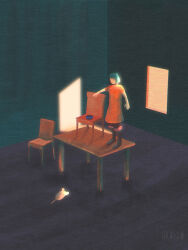  1girl 1other black_boots blue_hair boots chair dkaism dress faceless full_body looking_at_animal minimalism mouse_(animal) on_table orange_dress original outstretched_arms painterly short_hair table window window_light 