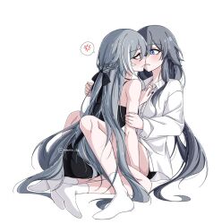  2girls anger_vein black_dress black_ribbon blue_eyes braid collared_shirt commentary dress fu_hua grey_hair hair_ribbon half_up_braid hashtag-only_commentary herrscher_of_sentience highres honkai_(series) honkai_impact_3rd long_sleeves multiple_girls red_eyes ribbon shirt socks spoken_anger_vein white_shirt white_socks yuhuria_52 yuri 