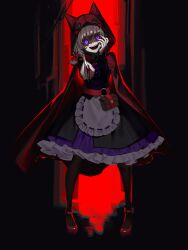  1girl absurdres cloak cozmic dress fritzzz0617 highres indie_virtual_youtuber nokkovt purple_eyes red_cloak solo virtual_youtuber weapon yandere 