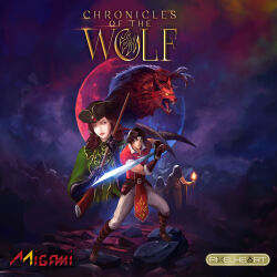 1boy 1girl 2others animal_ears antique_firearm beast_of_gevaudan beast_of_gevaudan_(chronicles_of_the_wolf) black_hair boots brown_eyes brown_hair character_request chronicles_of_the_wolf claws clock cloud cloudy_sky english_text fighting_stance fire firearm firelock flintlock full_moon fusil_de_chasse gem gem_on_hat glint gloves glowing glowing_eyes gun hat headband highres junki_sakuraba loincloth long_hair mateo_lombardo migami_games monster moon multiple_others musket night no_pupils official_art p_qube pixelheart red_moon rifle rock sharp_teeth short_hair sky sword teeth tongue torch weapon werewolf wolf_ears yellow_eyes