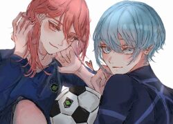  2boys androgynous ball blue_eyes blue_hair blue_lock blue_shirt chigiri_hyoma closed_mouth hair_between_eyes heart long_hair looking_at_viewer male_focus multiple_boys non-web_source red_eyes red_hair shirt short_hair simple_background smile soccer_ball soccer_uniform sportswear trap white_background you_hiori  rating:General score:3 user:danbooru