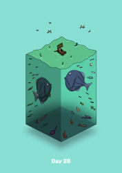 absurdres aqua_background bug commentary_request diorama fish gozz highres holding holding_oar isometric jellyfish oar ocean original raft rowing sail sailing stingray rating:General score:2 user:danbooru