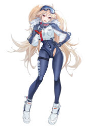  1girl absurdres ahoge azur_lane black_gloves blonde_hair bluecher_(azur_lane) bluecher_(high-altitude_head_over_heels)_(azur_lane) bodysuit cropped_jacket full_body gloves goggles goggles_on_head highres jacket long_hair long_sleeves looking_at_viewer multicolored_jacket official_alternate_costume open_mouth red_eyes shoes simple_background smile sneakers solo twintails two-tone_jacket white_background zuihou_de_miao_pa_si  rating:Sensitive score:23 user:danbooru