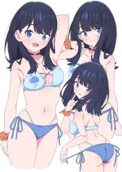  1girl bikini black_hair blue_bikini blue_eyes blush breasts closed_mouth gridman_universe gridman_universe_(movie) highres long_hair looking_at_viewer official_alternate_costume open_mouth scrunchie sho_(shoshos_8888) solo swimsuit takarada_rikka thighs wrist_scrunchie 