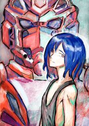  1boy absurdres armor bare_shoulders blue_hair bright_pupils closed_mouth colored_inner_hair commentary english_commentary grey_tank_top gundam highres male_focus mecha mecha_focus mobile_suit mobile_suit_gundam multicolored_hair oversized_clothes oversized_shirt red_armor red_eyes red_gundam red_hair robot science_fiction shirt short_hair shuji_ito smile solo tank_top two-tone_hair upper_body user_haay5824 white_pupils 