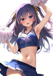 1girl arm_up armpits bare_arms bare_shoulders blue_eyes blue_hair blue_shirt blue_skirt blush breasts cheerleader cowboy_shot crop_top crop_top_overhang frown hair_ribbon hand_up holding holding_pom_poms karutamo long_hair looking_at_viewer medium_breasts midriff miniskirt navel open_mouth original panties panty_peek pleated_skirt pom_pom_(cheerleading) pom_poms purple_hair rakugaki-chan ribbon shirt simple_background skirt sleeveless sleeveless_shirt solo stomach sweat two_side_up underwear v-shaped_eyebrows white_background white_panties rating:Sensitive score:45 user:danbooru