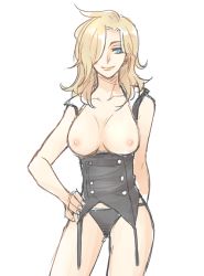  1girl alternate_hairstyle anco_(platanity) arm_behind_back bare_shoulders black_panties blonde_hair blue_eyes breasts breasts_apart breasts_out buttons closed_mouth collarbone corset cowboy_shot female_focus hair_down hair_over_one_eye hand_on_own_hip large_breasts lips long_hair looking_at_viewer mercy_(overwatch) nipples overwatch overwatch_1 panties pink_lips simple_background smile solo underwear white_background  rating:Questionable score:26 user:danbooru