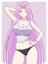  1girl absurdres arm_behind_head black_panties border breasts commentary dani_(angrymatthew) english_commentary facial_mark fate/stay_night fate_(series) forehead_mark hand_on_own_hip highres large_breasts long_hair looking_at_viewer medusa_(fate) medusa_(rider)_(fate) midriff navel one_eye_closed panties purple_background purple_eyes purple_hair simple_background solo tank_top underwear very_long_hair white_border white_tank_top 