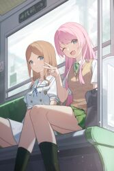  absurdres bang_dream! bang_dream!_it&#039;s_mygo!!!!! blue_eyes blue_ribbon brown_hair brown_sweater_vest chihaya_anon chinese_commentary chiyo_akira closed_mouth collared_shirt commentary_request dress fang green_skirt green_socks grey_eyes hand_up haneoka_school_uniform highres long_hair looking_at_viewer nagasaki_soyo neck_ribbon one_eye_closed open_mouth pink_hair pleated_skirt puffy_short_sleeves puffy_sleeves ribbon school_uniform shirt short_sleeves sidelocks skin_fang skirt socks streetcar_interior sweater_vest tsukinomori_school_uniform v white_dress white_shirt 