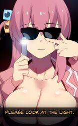 1girl absurdres black_background black_bra bocchi_the_rock! bra breasts cleavage closed_mouth collarbone commentary cube_hair_ornament english_commentary english_text gotoh_hitori hair_ornament highres hinghoi holding index_finger_raised jacket large_breasts long_hair long_sleeves neuralyzer one_side_up open_clothes open_jacket pink_hair pink_jacket shiny_skin solo sunglasses track_jacket underwear