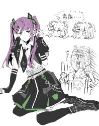 1boy alternate_costume black_jacket black_necktie black_skirt black_thighhighs breasts cerise_bouquet cleavage closed_mouth collarbone collared_shirt commentary crying full_body glowstick green_eyes hair_ornament hairclip highres hinoshita_kaho i_do_me!_(love_live!) jacket link!_like!_love_live! long_hair looking_at_viewer love_live! medium_breasts medium_skirt momose_ginko necktie official_alternate_hairstyle open_clothes open_jacket otaku otomune_kozue over-kneehighs partially_colored penlight_(glowstick) pleated_skirt purple_hair shirt short-sleeved_jacket short_sleeves simple_background sitting skirt streaming_tears tears thighhighs twintails two_side_up virtual_youtuber white_background white_shirt x_hair_ornament zuisetsu 