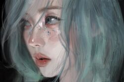 1girl 2024 asian black_background blue_hair highres looking_to_the_side makeup open_mouth original pink_lips realistic solo whoisluvme 