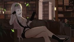  1girl absurdres black_gloves black_scarf bookshelf breasts bug butterfly cleavage closed_mouth colored_eyelashes commission cosplay crossed_legs digimon digimon_story:_cyber_sleuth echidna_(re:zero) eyewear_on_head gloves glowing_butterfly green_butterfly grey_eyes hair_between_eyes head_on_hand high_heels highres holding holding_tablet_pc insect jewelry kuremi_kyouko kuremi_kyouko_(cosplay) long_hair long_sleeves medium_breasts necklace no_bra office partially_unbuttoned re:zero_kara_hajimeru_isekai_seikatsu ro_ka_ro_ka sakamoto_maaya scarf shirt short_shorts shorts solo sunglasses tablet_pc voice_actor_connection white_eyelashes white_hair white_shirt 