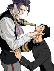  2boys ace_attorney armband ascot barok_van_zieks black_eyes black_hair black_jacket black_vest blue_eyes bottle bright_pupils brooch corrupted_twitter_file forced_drinking gakuran grabbing_another&#039;s_face grey_hair grey_pants head_grab highres holding holding_bottle jacket jewelry male_focus multiple_boys open_mouth pants ryunosuke_naruhodo school_uniform shirt short_hair simple_background small_sweatdrop teeth the_great_ace_attorney touhoutorima upper_teeth_only vest white_background white_shirt wine_bottle yaoi 