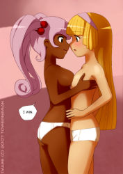00s 2girls asymmetrical_docking blush breast_press breasts cleavage dark-skinned_female dark_skin elmina face-to-face female_focus flat_chest glenda_(puchi_puri_yucie) highres interracial large_breasts multiple_girls panties puchi_puri_yucie sideboob smile toweringman underwear yuri rating:Questionable score:122 user:Furio