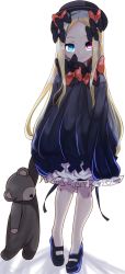  1girl abigail_williams_(fate) black_bow black_dress black_hat black_shoes blonde_hair bloomers blue_eyes bow bug butterfly closed_mouth commentary_request dress fate/grand_order fate_(series) female_focus forehead full_body glowing glowing_eyes hair_bow hat heterochromia hiedanotsukai highres holding holding_stuffed_toy insect long_hair long_sleeves looking_at_viewer multiple_hair_bows no_socks orange_bow parted_bangs polka_dot polka_dot_bow purple_eyes shoes sleeves_past_fingers sleeves_past_wrists smile solo standing standing_on_one_leg stuffed_animal stuffed_toy teddy_bear underwear very_long_hair white_background white_bloomers 