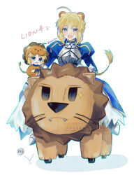  ahoge animal_ears armor artoria_pendragon_(fate) blonde_hair blue_dress blush carnival_phantasm chibi coin dress fang fate/grand_order fate/stay_night fate_(series) green_eyes happy highres lion lion_ears long_skirt nigiri riding riding_animal saber_(fate) skin_fang skirt sparkle 