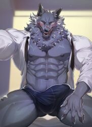  1boy abs animal_ears bandaid bandaid_on_face bandaid_on_nose bara biceps black_fur black_male_underwear black_necktie blush booboo_(19816236) boxers bulge commentary covered_testicles dog_nose english_commentary erection erection_under_clothes fangs furry furry_male hanu_(honkai:_star_rail) highres honkai:_star_rail honkai_(series) licking_lips looking_at_viewer male_focus male_underwear muscular muscular_male navel necktie nipples open_clothes open_mouth open_shirt paid_reward_available patreon_logo patreon_username pectorals scar scar_across_eye scar_on_face scar_on_nose shirt sweat sweatdrop tongue tongue_out underwear undone_necktie very_sweaty watermark white_shirt wolf_boy wolf_ears 