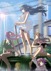 5girls apron barefoot black_hair black_panties bokken breasts busujima_saeko cleavage feet gun hands_on_hilt highres highschool_of_the_dead large_breasts legs long_hair long_legs maresato_alice marikawa_shizuka miyamoto_rei motion_blur multiple_girls naked_apron panties rifle short_shorts shorts side-tie_panties sideboob sword takagi_saya tashiromotoi thighs underwear weapon white_panties wind wooden_sword rating:Questionable score:106 user:danbooru