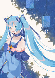  1girl absurdly_long_hair absurdres bare_shoulders black_gloves blue_bow blue_choker blue_dress blue_eyes blue_hair blue_sleeves bow bow_choker chinese_commentary choker commentary_request constellation_print cowboy_shot detached_sleeves dress eyelashes eyes_visible_through_hair fingerless_gloves frilled_dress frills gloves hair_bow hair_ornament hand_on_own_arm happy hatsune_miku highres kirina_zero lantern layered_sleeves long_hair long_sleeves musical_note musical_note_print night night_sky open_mouth pleated_sleeves shooting_star short_over_long_sleeves short_sleeves sky sleeveless sleeveless_dress smile snowflake_hair_ornament snowflakes solo star_(sky) star_(symbol) star_button star_hair_ornament starry_sky starry_sky_print striped_bow striped_choker tareme teeth treble_clef twintails two-tone_background upper_teeth_only very_long_hair vocaloid white_background wide_sleeves yuki_miku yuki_miku_(2017) 