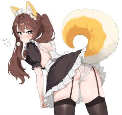  1girl absurdres aki_orange ass back_bow backless_dress backless_outfit black_dress black_thighhighs blush bow bright_pupils brown_hair closed_mouth clothes_lift commission dog_girl dog_hair_ornament double-parted_bangs dress embarrassed flying_sweatdrops grey_eyes hair_ornament highres indie_virtual_youtuber kagemoe1003 leaning_forward legwear_garter lifted_by_tail long_hair looking_at_viewer looking_back maid maid_headdress nose_blush panties puffy_short_sleeves puffy_sleeves second-party_source see-through_clothes see-through_panties shiba_inu short_sleeves simple_background skirt skirt_lift solo tachi-e tail_raised thighhighs twintails underwear white_background white_bow white_panties white_pupils yellow_tail 