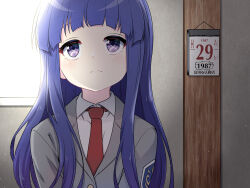 1girl blazer blunt_bangs calendar_(object) closed_mouth collared_shirt furude_rika grey_jacket hazumi_otoya highres higurashi_no_naku_koro_ni higurashi_no_naku_koro_ni_gou hime_cut indoors jacket long_hair necktie purple_eyes purple_hair red_necktie school_uniform shirt sidelocks solo st._lucia_academy_school_uniform upper_body white_shirt rating:General score:5 user:danbooru