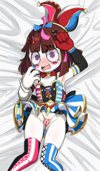  1girl arm_up armpits blush breasts brown_hair clothes_lift cosplay cutiemachina elbow_gloves gloves gluteal_fold groin hat highres hololive jester_cap loli lying micro_panties multicolored_eyes nail_polish omaru_polka omaru_polka_(cosplay) on_back open_mouth pale_skin panties pomni_(the_amazing_digital_circus) ribbon shirt short_hair single_elbow_glove skirt skirt_lift sleeveless sleeveless_shirt small_breasts solo striped_clothes striped_skirt striped_thighhighs the_amazing_digital_circus thighhighs thighs underwear virtual_youtuber 