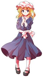  1girl alphes_(style) black_shoes blonde_hair bow breasts buttons collared_dress commentary_request dairi dress full_body hair_between_eyes hat large_variant_set long_hair long_sleeves maribel_hearn mary_janes medium_breasts mob_cap own_hands_together parody puffy_long_sleeves puffy_sleeves purple_dress sash shoes solo standing style_parody tachi-e touhou transparent_background variant_set white_bow white_hat 