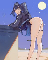  1girl ass black_hair black_jacket blue_eyes blue_hair blue_one-piece_swimsuit blue_sky breasts chain chain_headband gradient_hair hair_intakes highleg highleg_one-piece_swimsuit highres hololive hololive_english holonatsu_paradise huge_breasts jacket long_hair multicolored_hair official_alternate_costume official_alternate_hairstyle one-piece_swimsuit ouro_kronii pomuya ponytail sky solo sun swimsuit thigh_strap virtual_youtuber 
