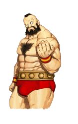  1boy abs absurdres beard beckoning brown_hair capcom_vs_snk facial_hair full_beard game_cg highres male_focus mohawk muscular muscular_male navel nipples nishimura_kinu non-web_source official_art pectorals raised_eyebrow scar scar_on_leg scar_on_shoulder shredded_muscles solo street_fighter thick_chest_hair thick_thighs thighs topless_male veins veiny_arms veiny_thighs white_background wrestling_outfit wristband zangief 