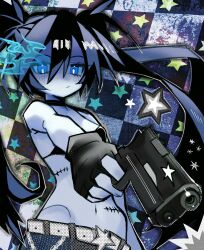  1girl absurdres belt bikini bikini_top_only black_bikini black_choker black_gloves black_rock_shooter black_rock_shooter_(character) black_shorts blue_eyes blue_fire choker fingerless_gloves fire flaming_eye gloves glowing glowing_eye grizzace gun handgun highres no_shirt pale_skin scar shorts star_(symbol) swimsuit twintails uneven_twintails weapon 