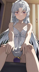 1girl absurdres alternate_costume babydoll bare_shoulders carlotta_(wuthering_waves) closed_mouth commentary convenient_censoring english_commentary hand_on_own_knee highres indoors light_blush looking_at_viewer multicolored_eyes parted_bangs purple_eyes ryeon_(naturesan) sitting smile solo two-tone_eyes white_babydoll white_hair wuthering_waves rating:Questionable score:23 user:danbooru