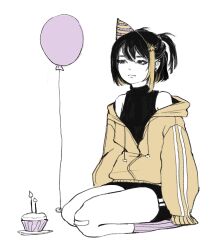  1girl balloon bandaid bandaid_on_knee bandaid_on_leg bare_shoulders black_eyes black_hair black_shirt black_shorts blonde_hair cake candle closed_mouth cupcake drawstring ear_piercing food full_body hair_ornament half-closed_eyes half_updo hat highres hood hood_down hoodie jacket long_sleeves medium_hair multicolored_hair off_shoulder orange_hair original party_hat piercing pink_socks seiza shirt short_hair shorts simple_background sitting sleeveless sleeveless_shirt sleeves_past_fingers sleeves_past_wrists socks solo streaked_hair striped_clothes striped_socks virtual_youtuber white_background yellow_jacket zyllypepper 