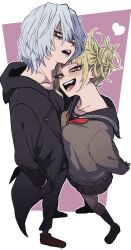  1boy 1girl ametaro_(ixxxzu) black_jacket black_pants black_sailor_collar black_shirt black_skirt blonde_hair boku_no_hero_academia brown_cardigan cardigan double_bun grey_hair hair_bun heart highres hood hooded_jacket jacket male_focus messy_hair neckerchief pants red_eyes red_neckerchief sailor_collar scar scar_on_face shigaraki_tomura shirt sidelocks skirt slit_pupils toga_himiko wrinkled_skin yellow_eyes  rating:General score:7 user:danbooru