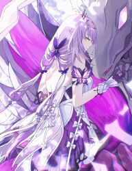  1girl backless_dress backless_outfit bare_back bare_shoulders castorice_(honkai:_star_rail) closed_eyes dress gloves honkai:_star_rail honkai_(series) kazurin118 long_hair pollux_(honkai:_star_rail) purple_gloves purple_hair very_long_hair white_dress wrist_cuffs 