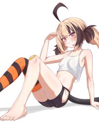  1girl absurdres ahoge bandaid bandaid_on_knee bandaid_on_leg bike_shorts black_shorts black_thighhighs blonde_hair breasts brown_hair crop_top feet gigi_murin highres hip_vent hololive hololive_english kurohi_drw multicolored_hair orange_thighhighs pink_eyes shorts simple_background single_thighhigh small_breasts solo striped_clothes striped_thighhighs tail tank_top thighhighs toes twintails two-tone_hair two-tone_thighhighs virtual_youtuber white_background white_tank_top 